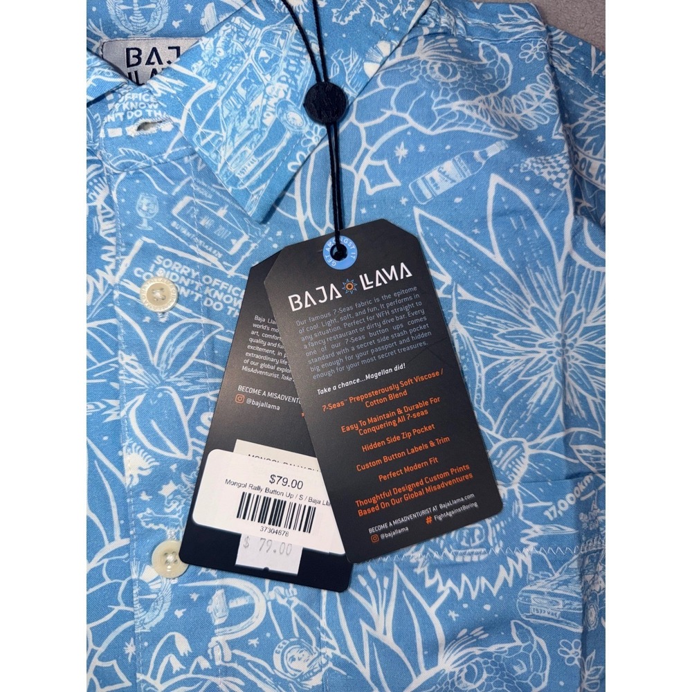 BAJA LLAMA Men's Small Short Sleeve Button Up Shirt Zip Pocket Blue Print NWT - Picture 4 of 5